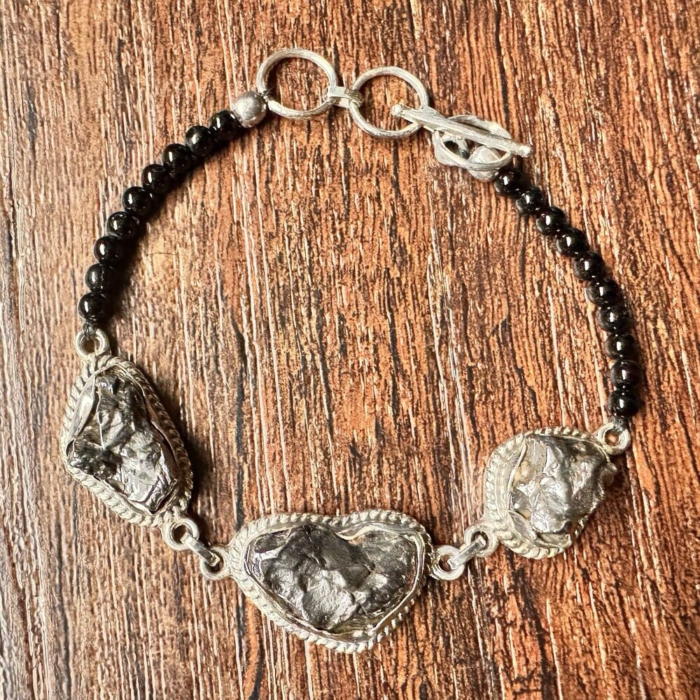 Vintage Meteorite & Black Spinel Bracelet 7" - 8" in Sterling Silver D’Joy NIB